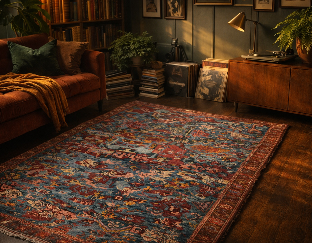 A richly colored, distressed area rug anchors a cozy living room with a velvet couch and mid-century furniture. By rugs on net