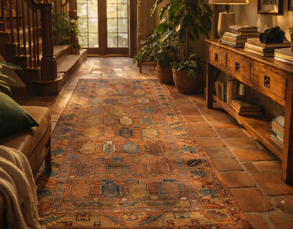 An earthy hallway featuring a long, patterned runner rug on a terracotta tile floor beside wood furniture. By rugs on net