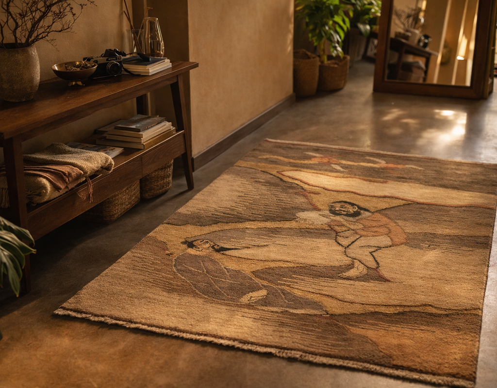 Textured brown rug featuring figurative tribal art laid on a polished concrete floor in a warmly lit room. By rugs on net