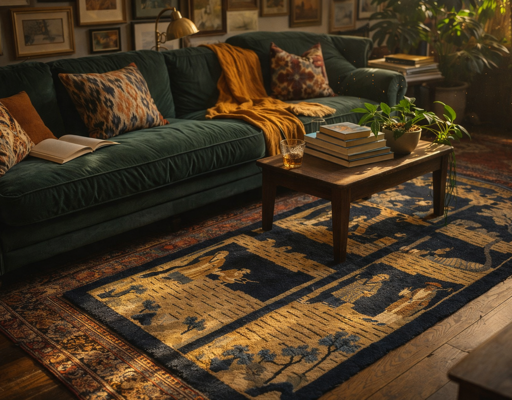Moody living room with a deep green velvet sofa, dark wood table, and a striking navy and gold patterned rug. By rugs on net
