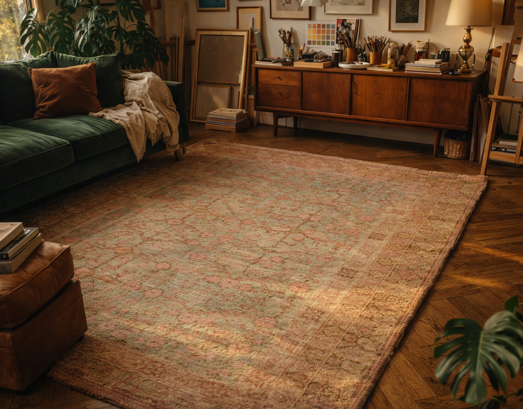 An eclectic living space featuring a distressed, faded traditional rug on a herringbone wood floor next to a green sofa. By rugs on net