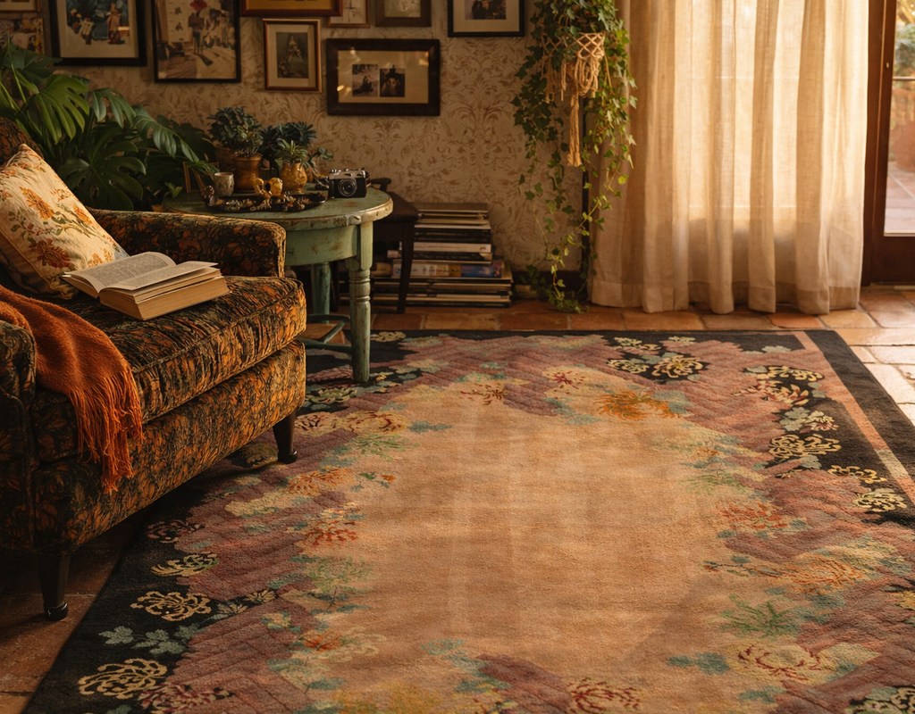 A richly decorated living space featuring a floral border rug, velvet armchair, and warm natural light. By rugs on net