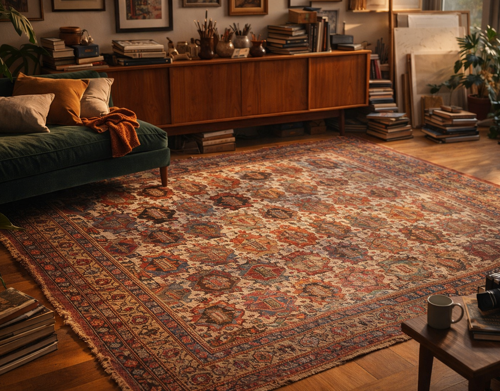Warmly lit room featuring a large, richly patterned traditional area rug over hardwood floors. By rugs on net