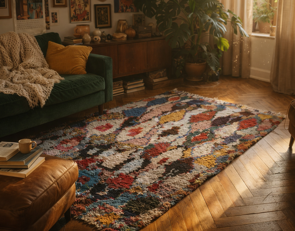Cozy bohemian living room featuring a dark green sofa, leather ottoman, and a vibrant, multicolored shag rug. By rugs on net