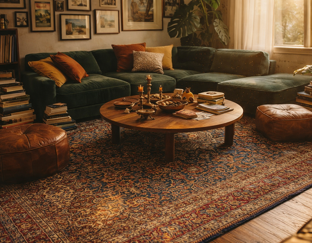 Cozy living room with deep emerald sectional, dark wood coffee table, and ornate persian-style rug. By rugs on net