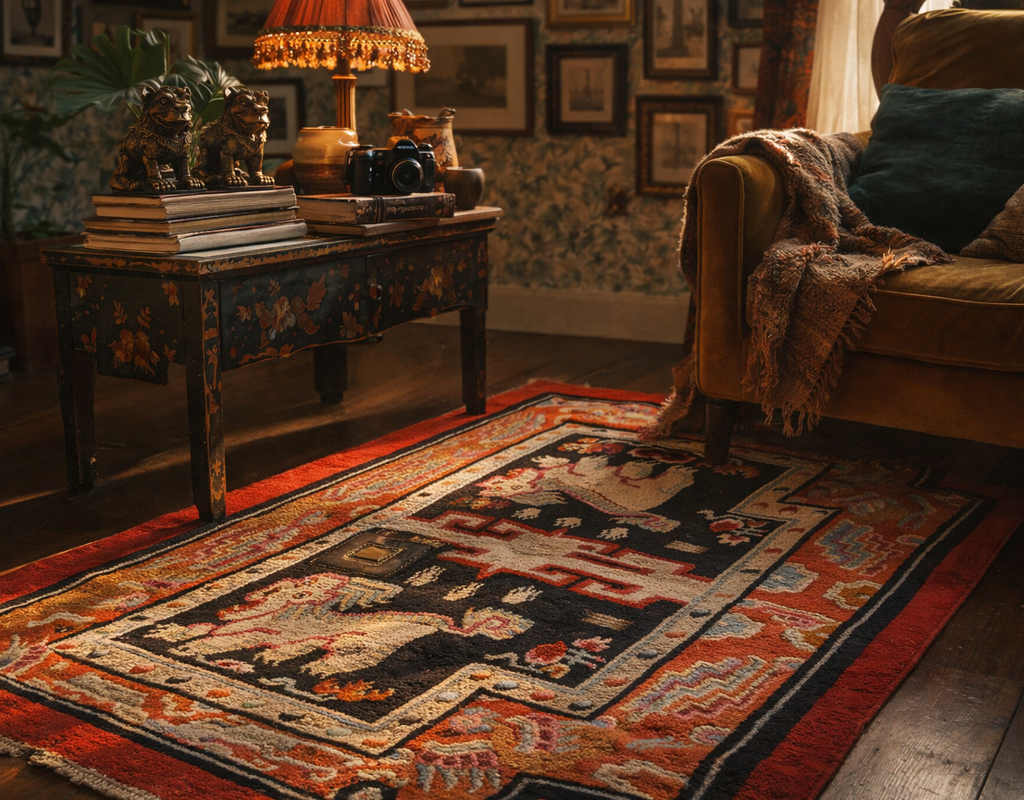 Close-up of a richly colored tibetan-style rug in a cozy, dimly lit room with vintage furniture. By rugs on net