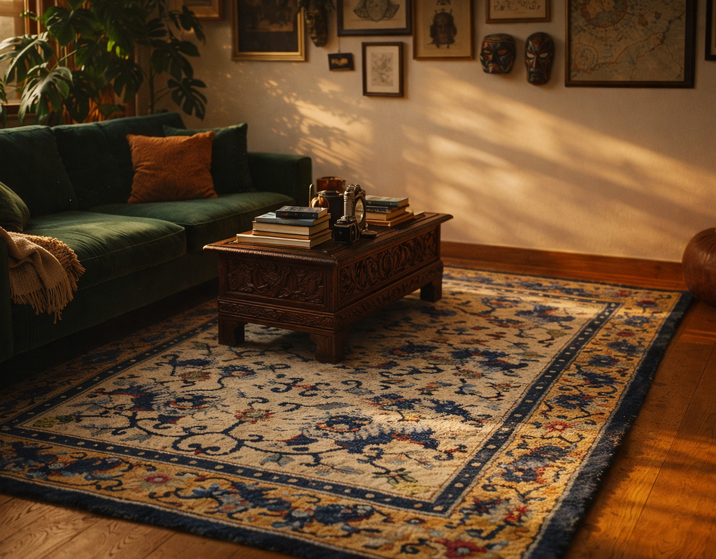 A detailed oriental-style rug anchors a cozy living space with a green velvet sofa and carved wooden coffee table. By rugs on net