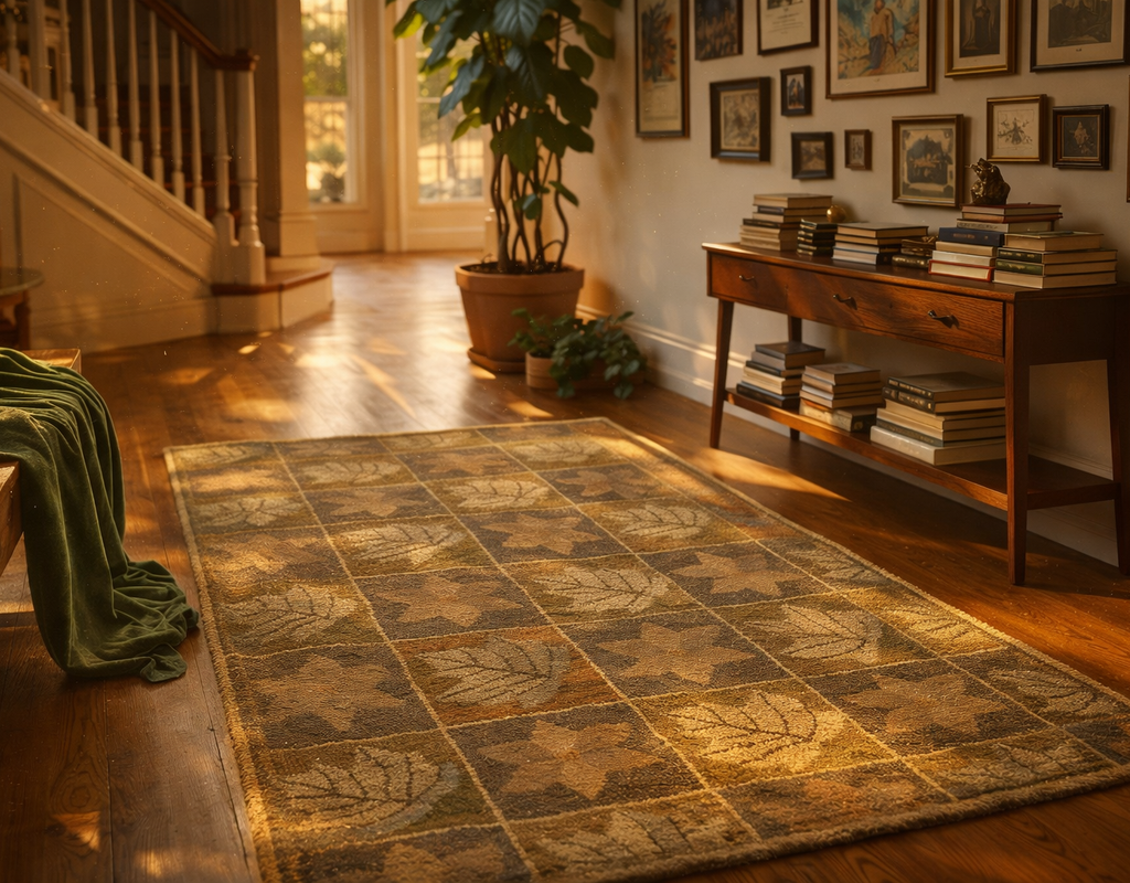 A hearthrug with a brown and green leaf pattern on a polished wood floor in a sunlit entryway. By rugs on net