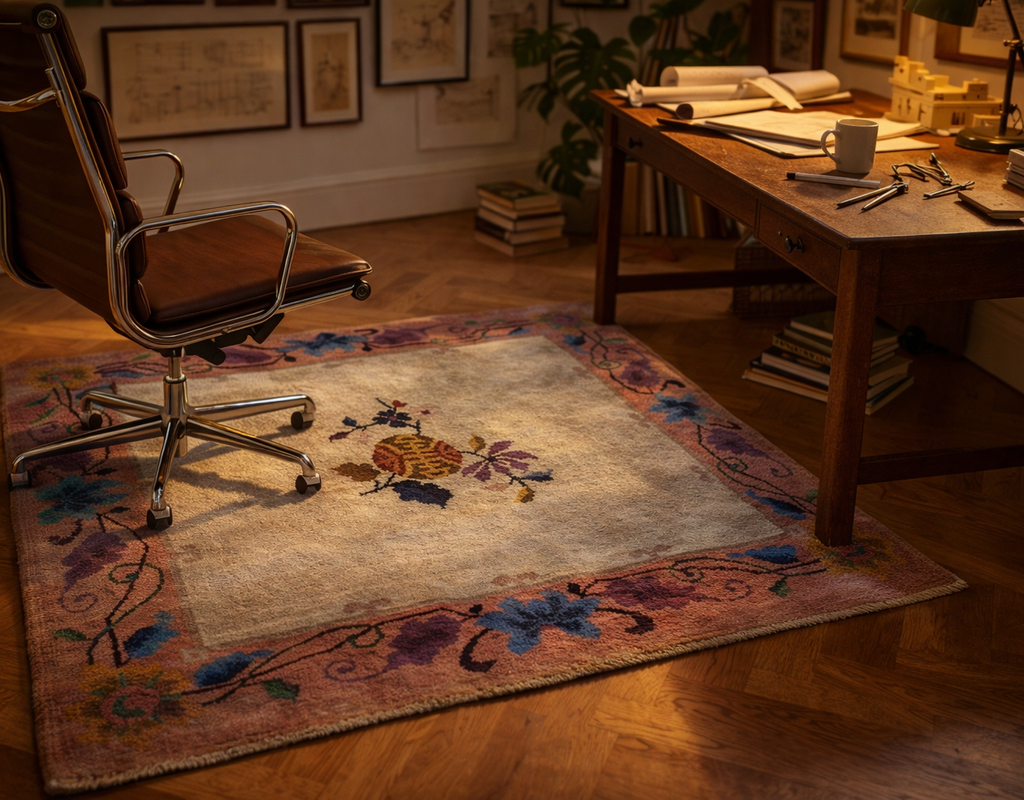 A vintage-style floral rug anchors a mid-century office chair next to a wooden desk in warm, low light. By rugs on net