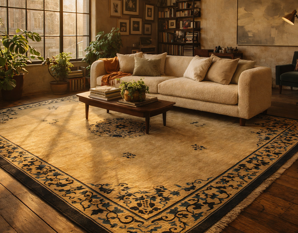 Warm, sunlit living room with a large mustard yellow and navy patterned oriental rug and a textured beige sofa. By rugs on net