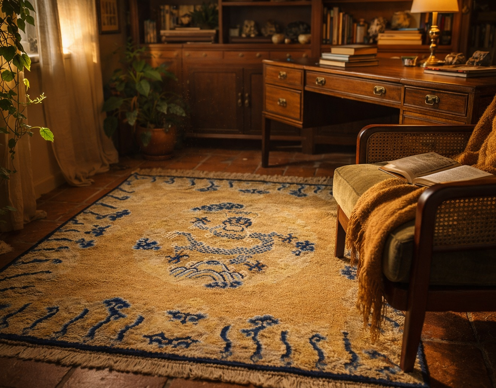 Golden yellow rug with blue dragon motif anchors a warm, traditional study with dark wood furniture. By rugs on net