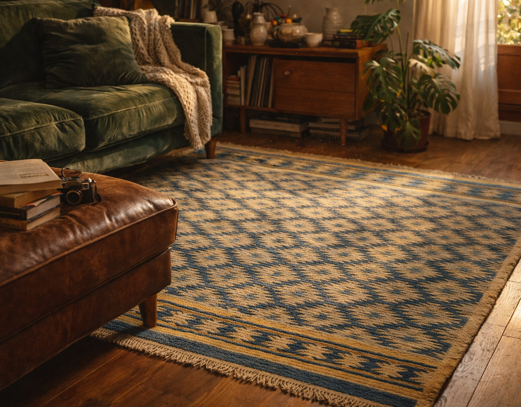 A flatweave rug with blue and tan geometric patterns on a dark wood floor next to a green velvet couch. By rugs on net