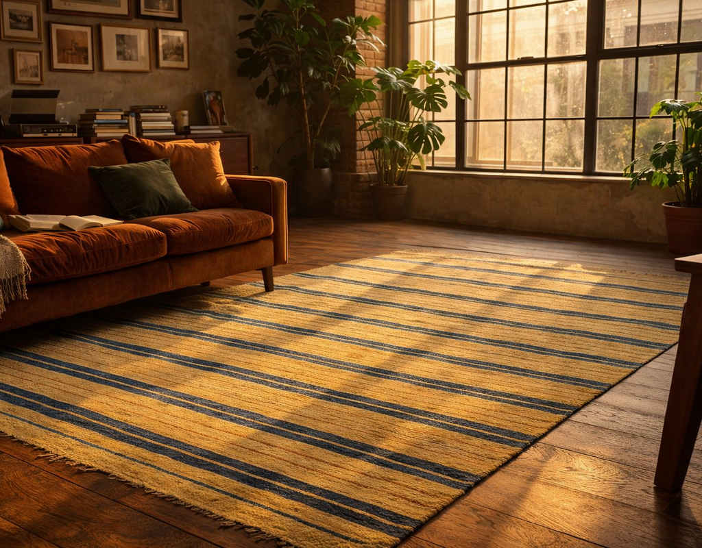 A woven striped rug in gold and navy grounds an industrial-style living room with a burnt orange sofa. By rugs on net