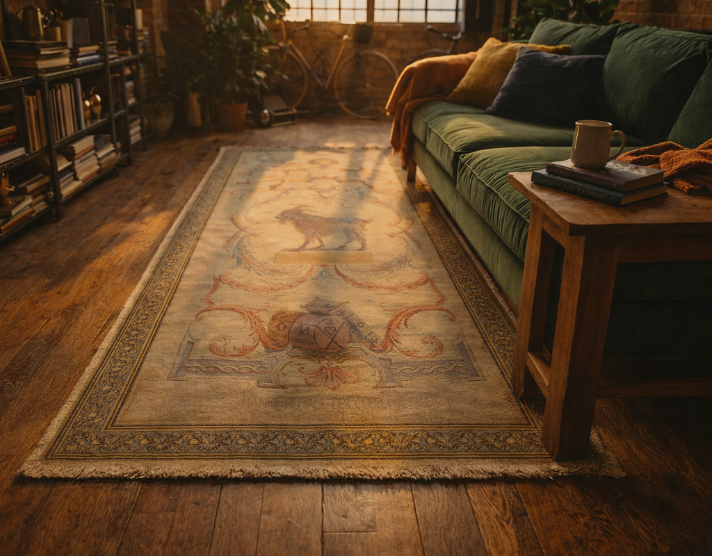 Beige area rug with a central animal motif on dark wood floors, next to a green velvet sofa. By rugs on net