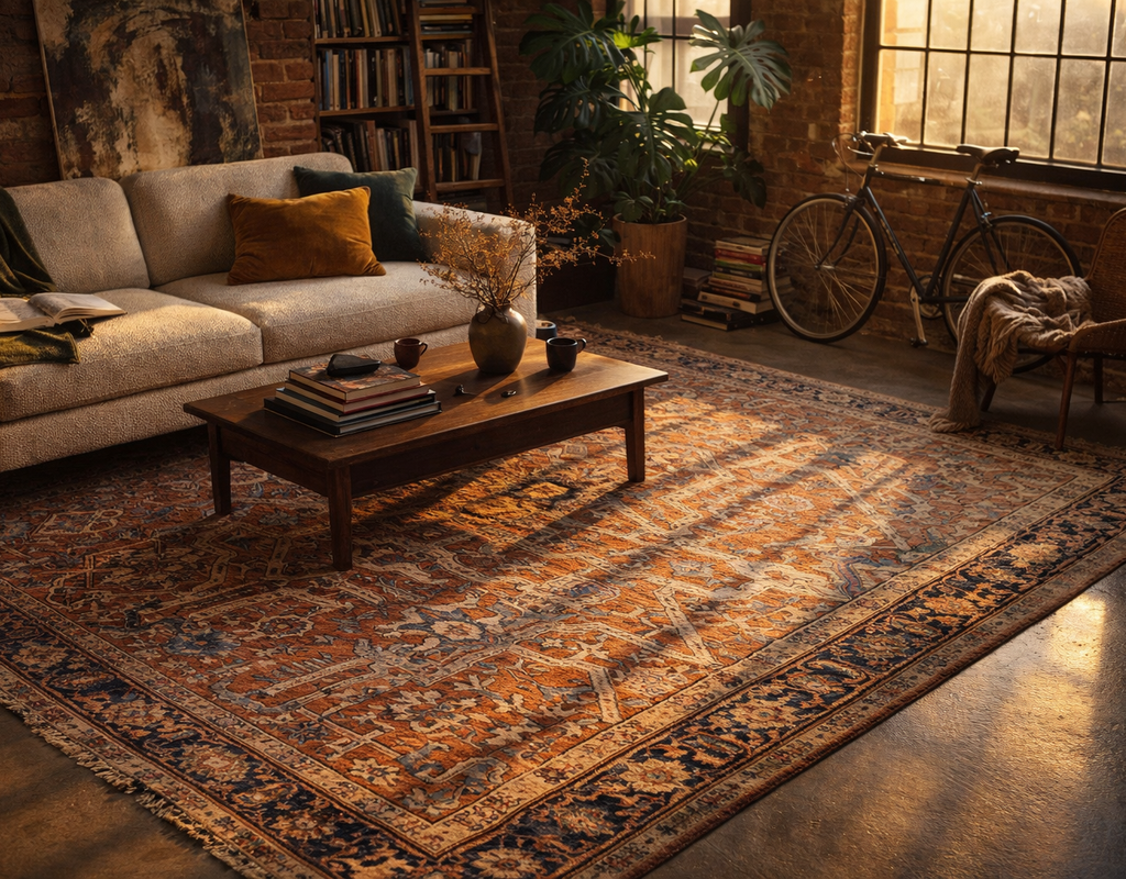 Loft living room with brick walls, featuring a large orange and blue distressed traditional rug. By rugs on net