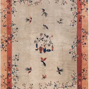 Ivory Room Size Antique Chinese Wool Pile Art Deco Floral Bird Rug by Rugs On Net
