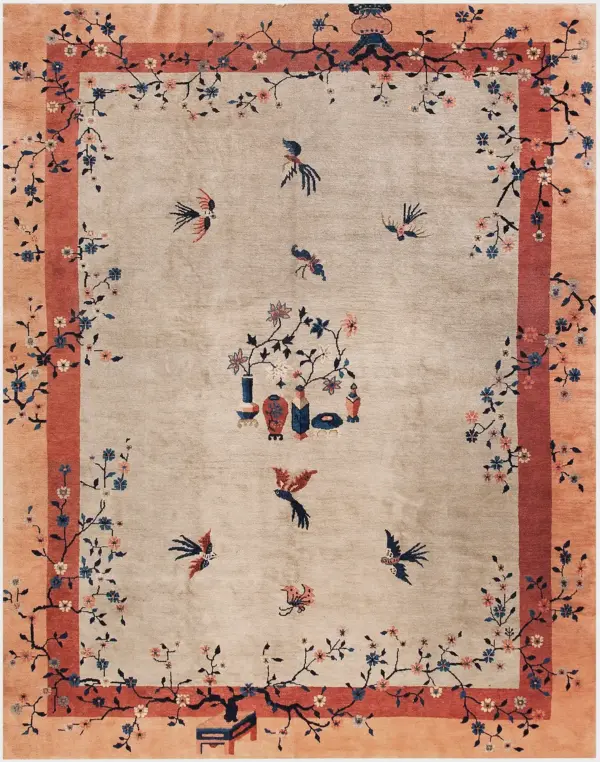Ivory room size antique chinese wool pile art deco floral bird rug by rugs on net