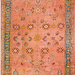 Lage Size Coral Pinky Color Tribal Geometric Antique Turkish Oushak Carpet by Rugs On Net