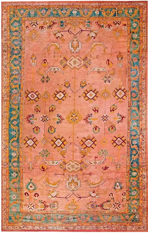 Lage size coral pinky color tribal geometric antique turkish oushak carpet by rugs on net