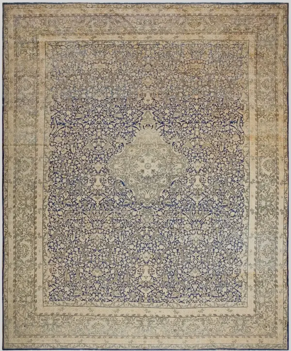 Large fine weave antique blue floral medallion persian kerman rug 20259 by rugs on net
