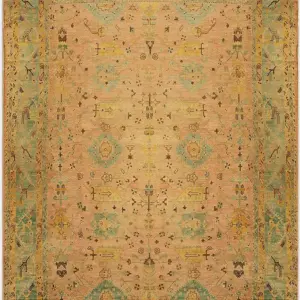 Large Oversized Soft Coral Filed Antique Large Scale Tribal Arts and Crafts Pattern Turkish Oushak Rug by Rugs On Net