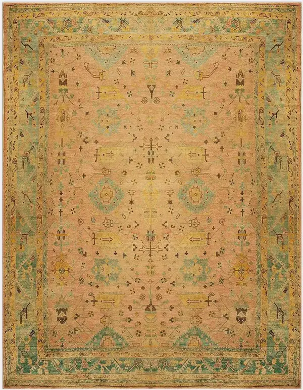 Large oversized soft coral filed antique large scale tribal arts and crafts pattern turkish oushak rug by rugs on net