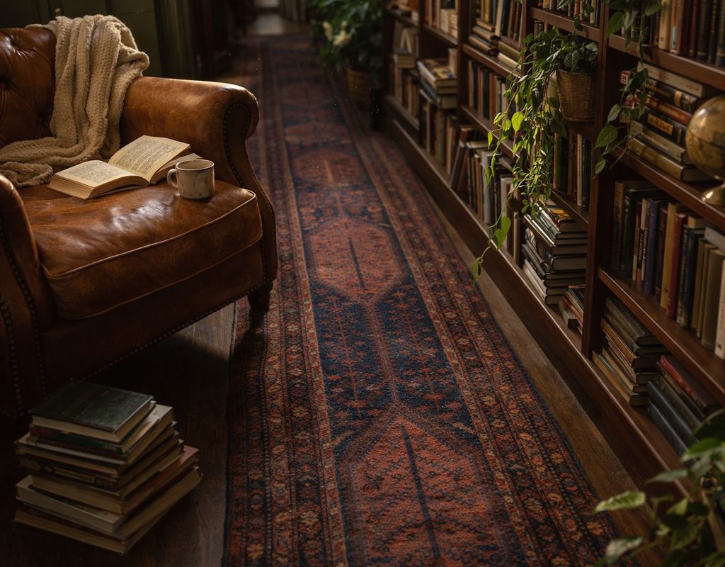 A vintage runner rug in a library with a leather armchair, books, and plants, creating a cozy reading nook. By rugs on net