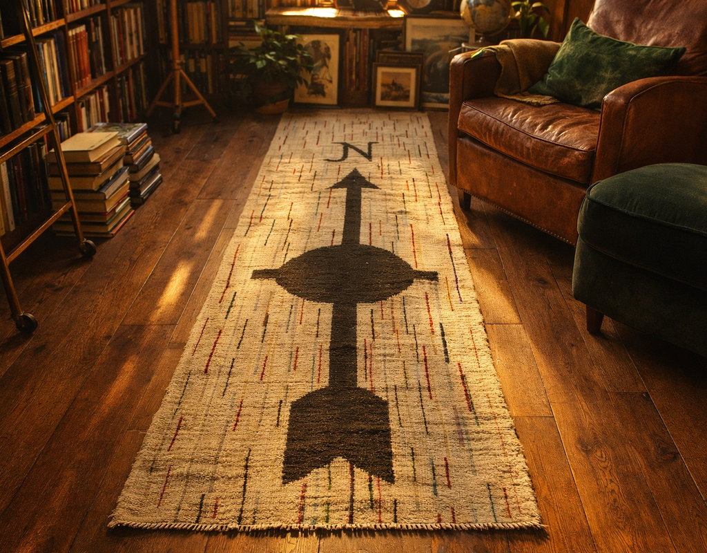 A beige runner rug with a large black compass arrow design lies on dark wood floors in a cozy library setting. Allover designs by rugs on net