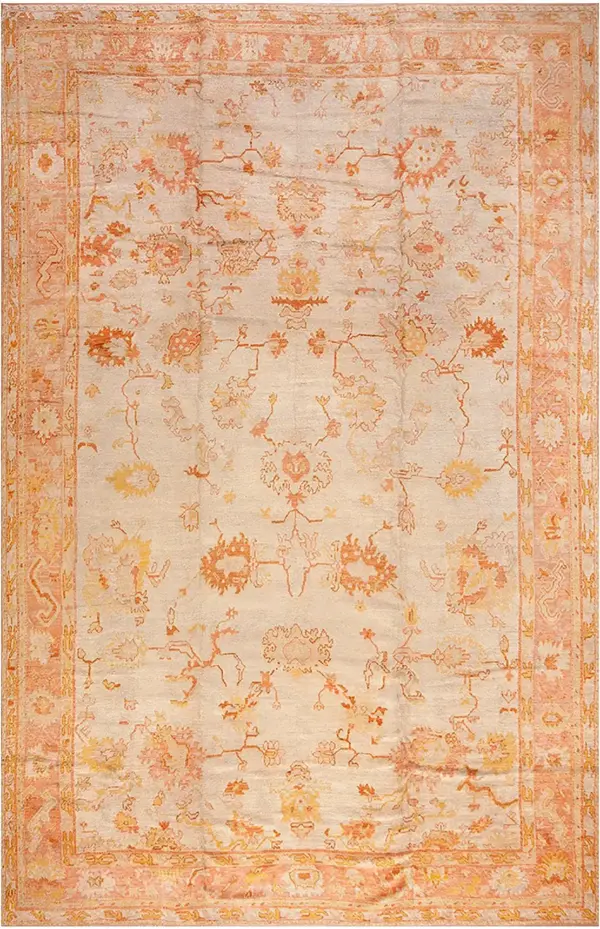 Light decorative ivory field antique lage scale allover tribal design big turkish oushak rug by rugs on net