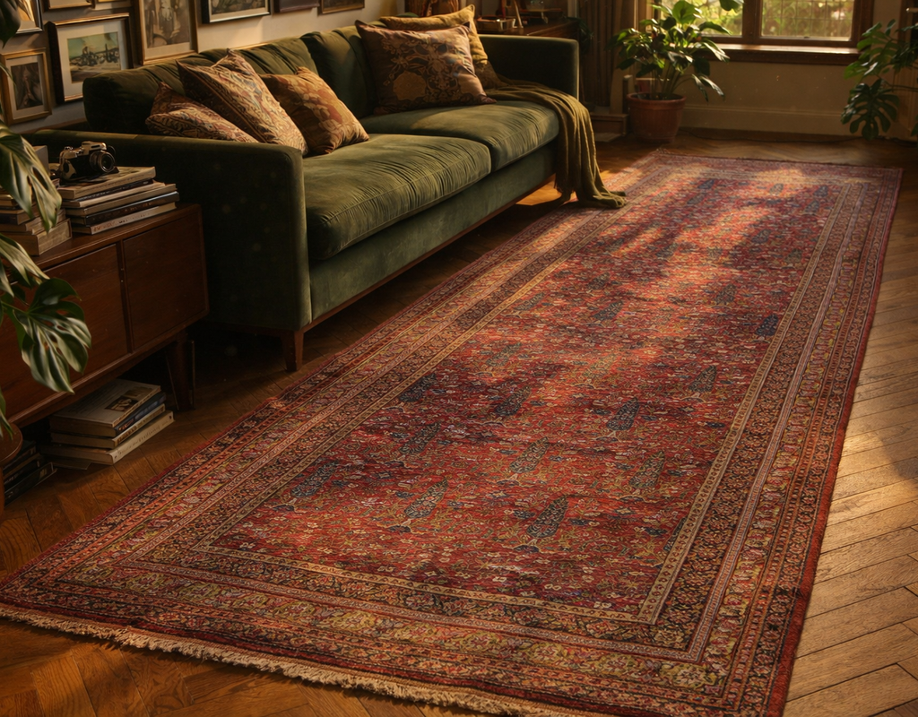 A long, richly colored, antique persian runner rug anchors a living room with a deep green velvet sofa. By rugs on net