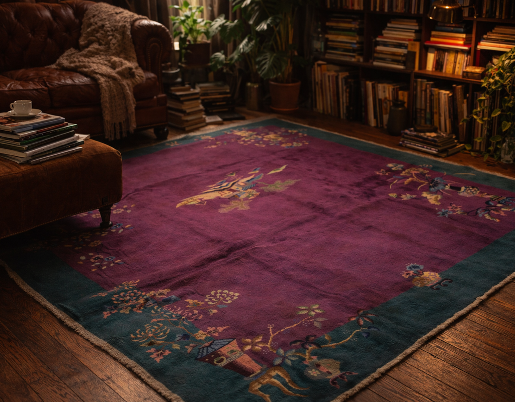 A deep magenta art deco rug with teal border sits on dark wood floors next to a leather sofa. By rugs on net
