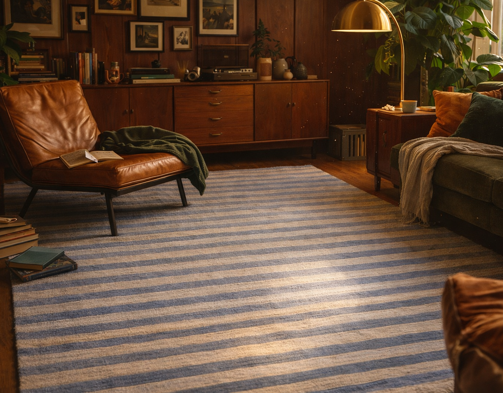 A cozy living room with a striped blue and beige rug, a leather chair, and mid-century modern wood paneling. By rugs on net