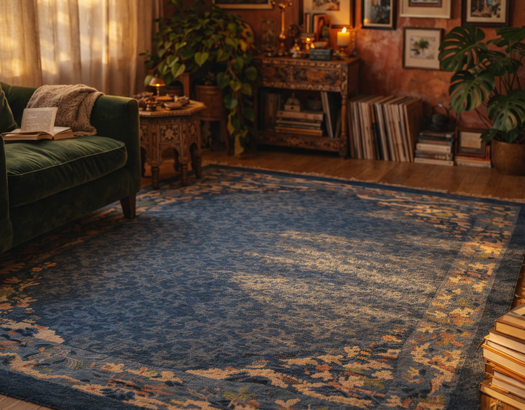 A large, distressed blue area rug with an ornate border anchors a moody, richly decorated living room with velvet seating. By rugs on net