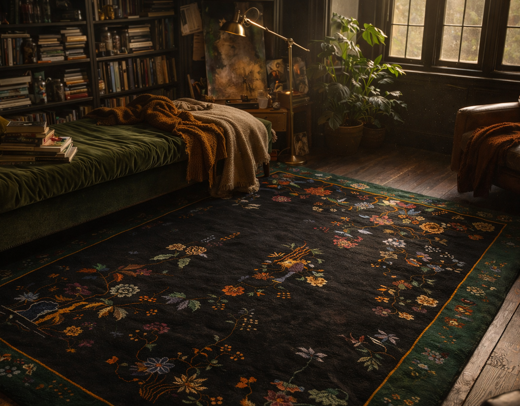 Dark floral oriental rug grounding a cozy, richly-colored library or study with dark wood and abundant natural light. By rugs on net