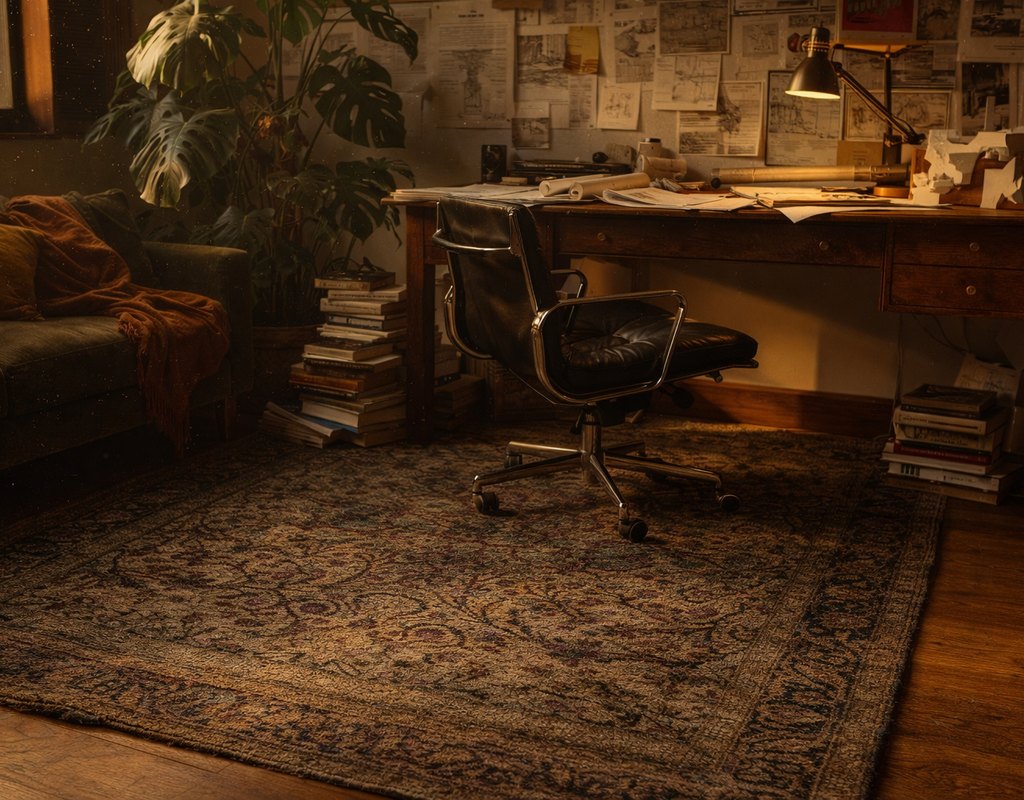 A richly patterned, dark-toned traditional 5 pointed star rug anchors a moody home office with a large plant and leather chair. By rugs on net