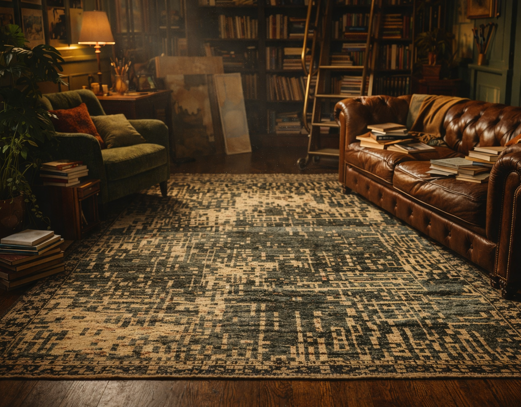 A dark, abstract patterned rug grounds a cozy, dimly lit library with leather and velvet seating. By rugs on net