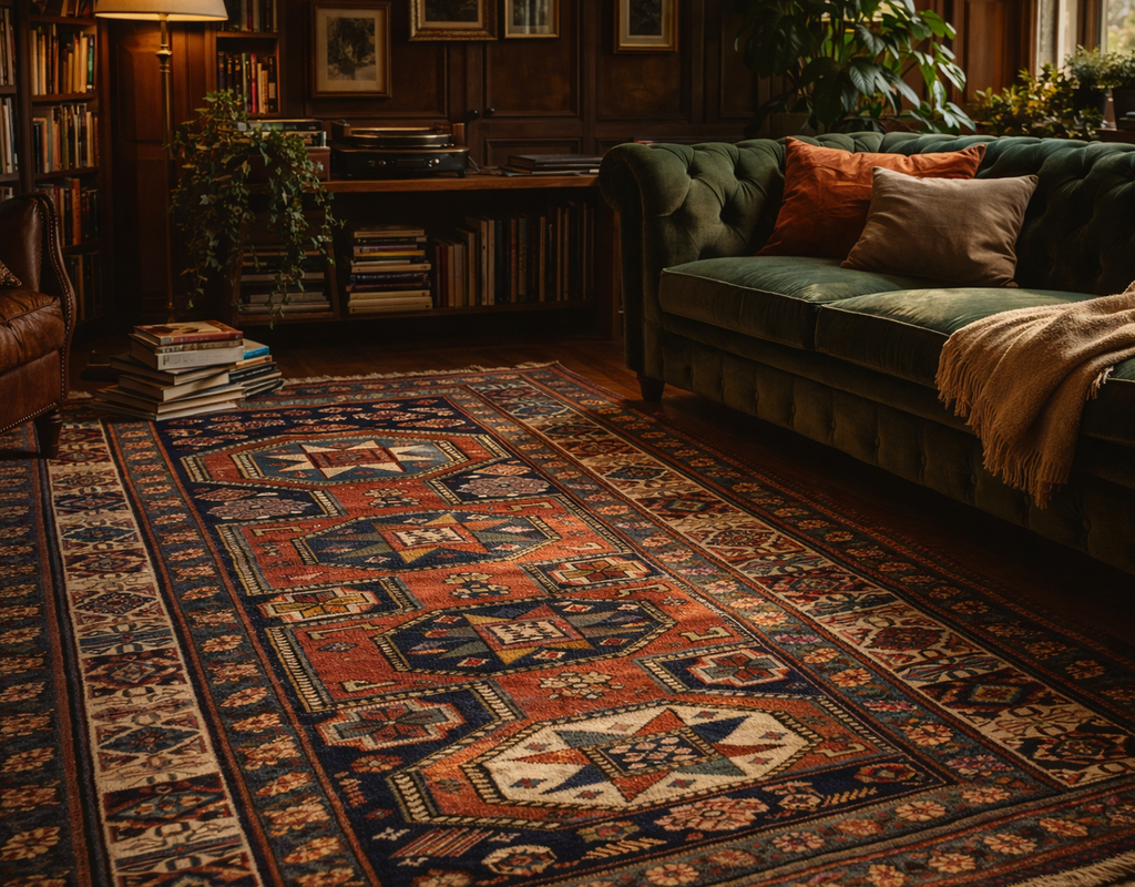 A traditional oriental keyhole design runner rug with rich terracotta and navy patterns anchors a library space by rugs on net
