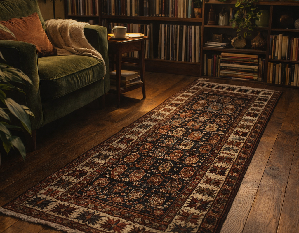 A dark, traditional runner rug with geometric patterns lies on a warm, dark wood floor beside a green velvet armchair. By rugs on net