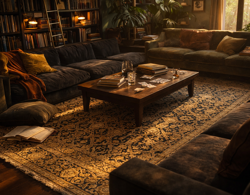 A moody, richly decorated library living room featuring a dark sectional, green sofa, and a large, ornate gold and navy traditional rug. By rugs on net