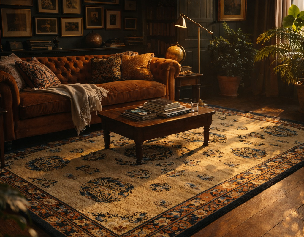 A warm, richly decorated library or study featuring a plush, tufted sofa and a large oriental rug illuminated by sun. By rugs on net