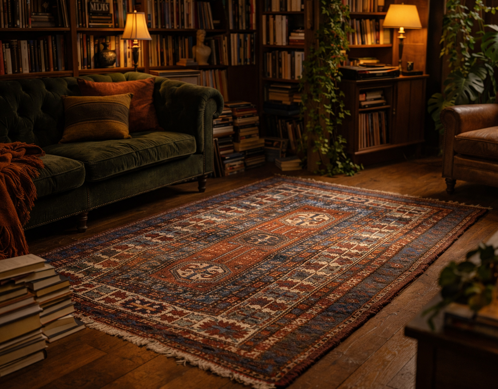 A richly patterned oriental rug featuring a central keyhole design motif in a cozy library setting by rugs on net
