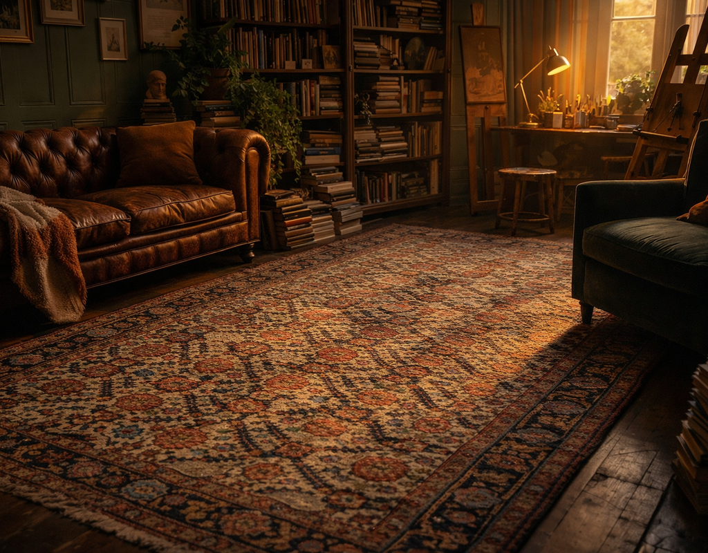 A richly patterned oriental rug anchors a moody library with a leather chesterfield sofa and a sunlit desk. By rugs on net