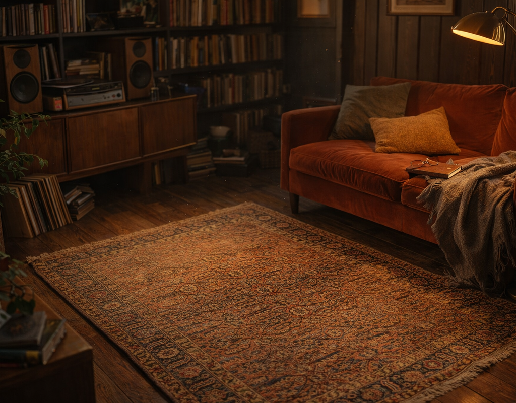 Cozy library with a vintage rust-toned rug, orange velvet sofa, dark wood paneling, and warm lamp light. By rugs on net