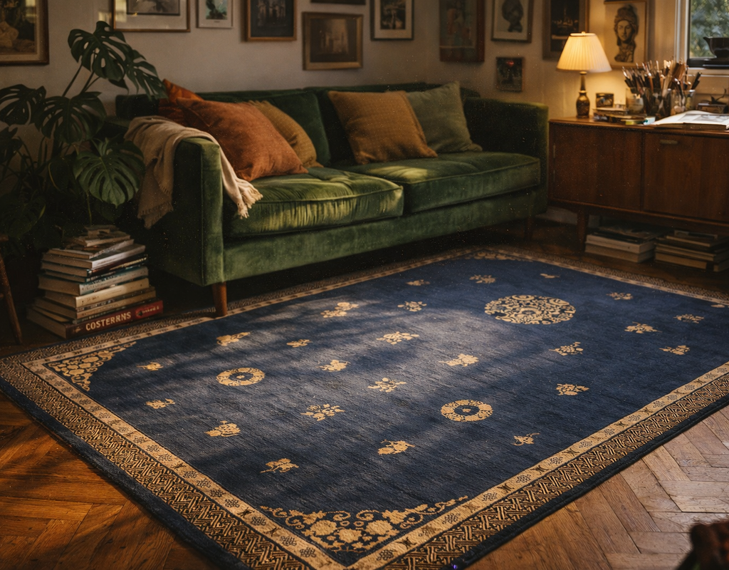 A richly decorated blue and gold rug anchors a cozy living space with a velvet green sofa and wooden accents. By rugs on net