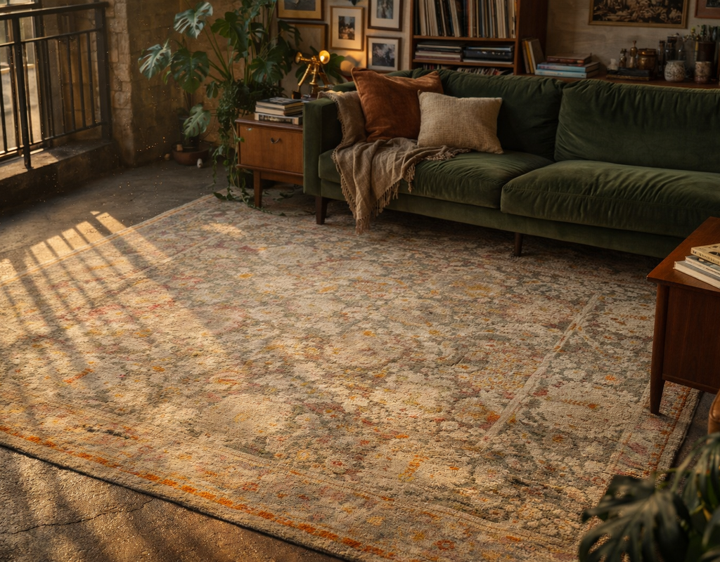 Living room with a large, distressed area rug in neutral tones with rust accents, grounded by a green velvet sofa. By rugs on net