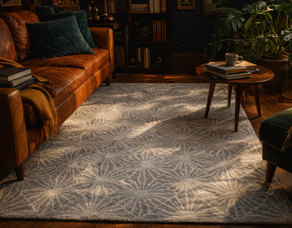 A light gray geometric patterned rug anchors a cozy living room with a leather sofa and dark wood furniture. Allover designs by rugs on net