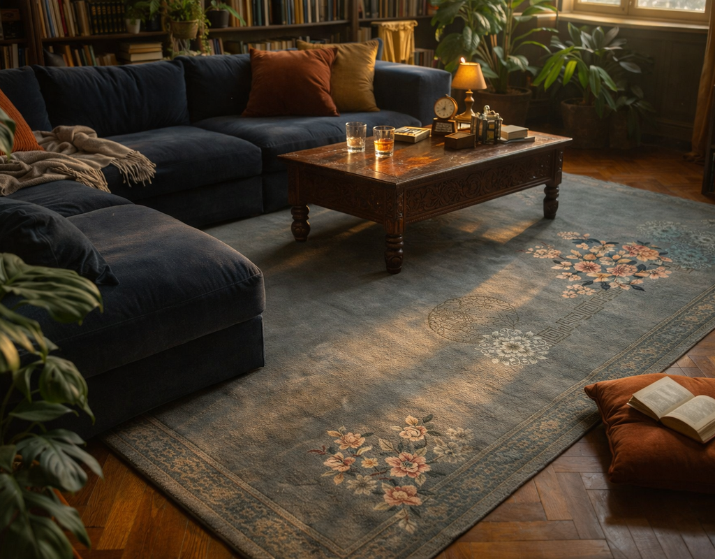 A moody living room featuring a large navy sectional, dark wood coffee table, and a blue rug with floral motifs. By rugs on net