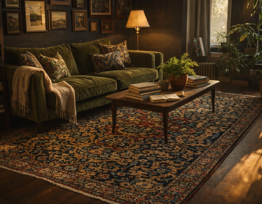 Moody living room with a dark, ornate persian rug, green velvet sofa, and warm lamp lighting. By rugs on net