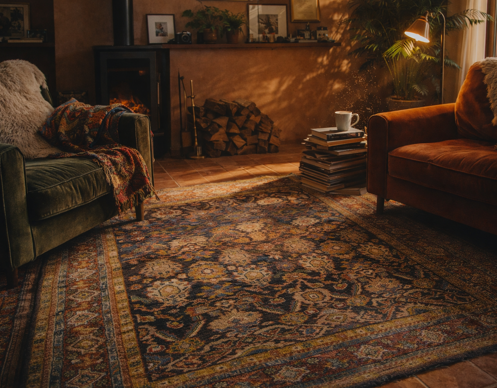 Cozy living room with a dark, richly patterned vintage-style rug between velvet armchairs. By rugs on net