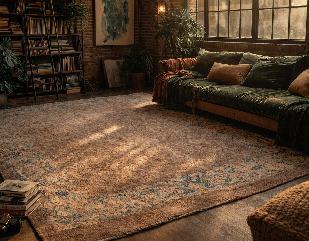 A distressed, earth-toned area rug with faded blue accents anchors a cozy, dimly lit living space. By rugs on net